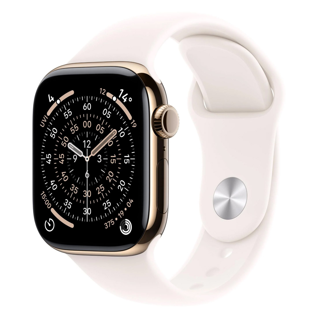 Photo of Apple Watch Series 11 GPS + Cellular 46mm Gold Titanium Case w/ Light Blush Sports Band (S/M)