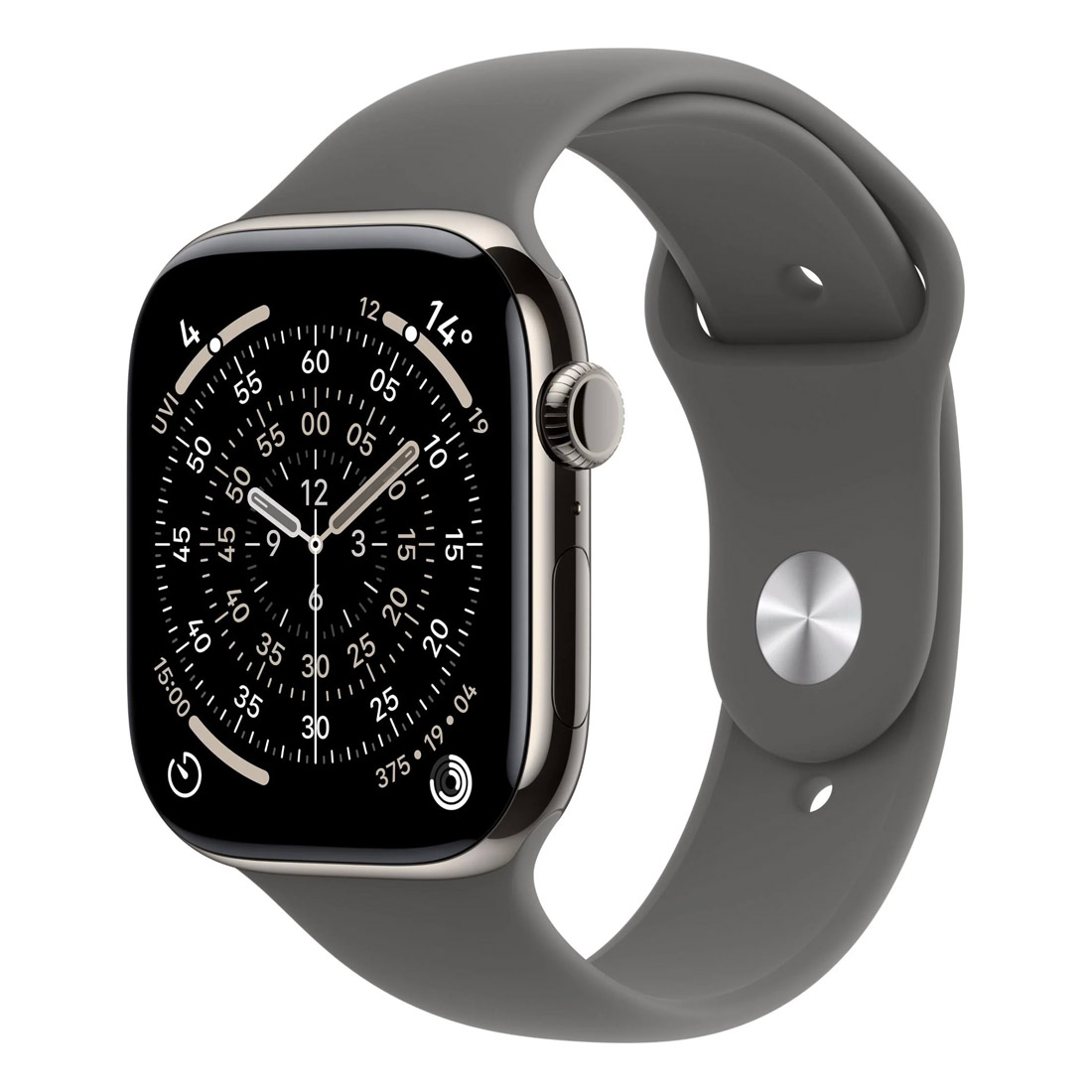Photo of Apple Watch Series 11 GPS + Cellular 42mm Natural Titanium Case w/ Stone Grey Sports Band (S/M)