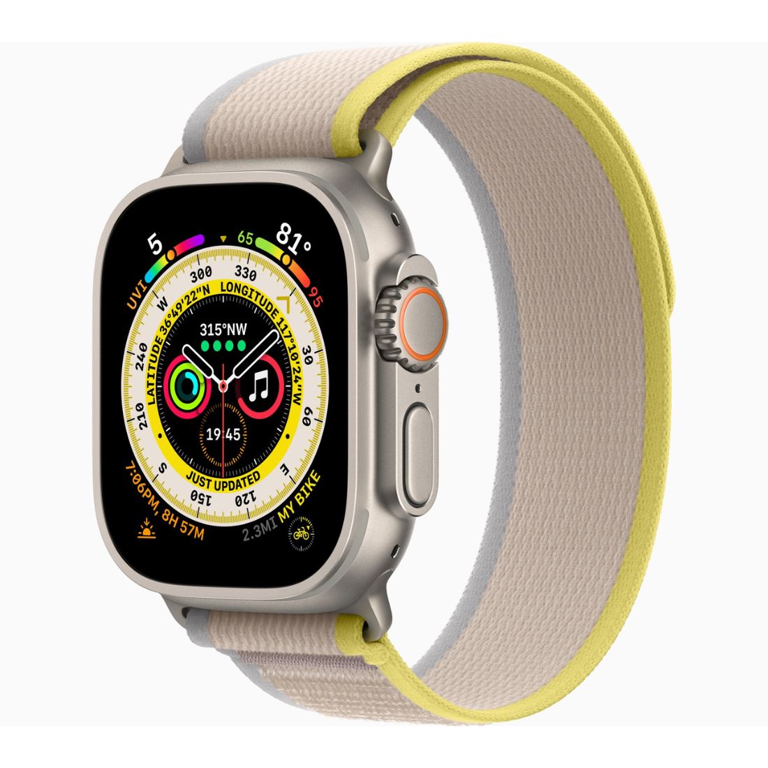 Photo of Apple Watch Ultra 49mm GPS + Cellular Titanium Case  w/ Yellow/Beige Trail Loop (S/M) [Refur] - Excellent