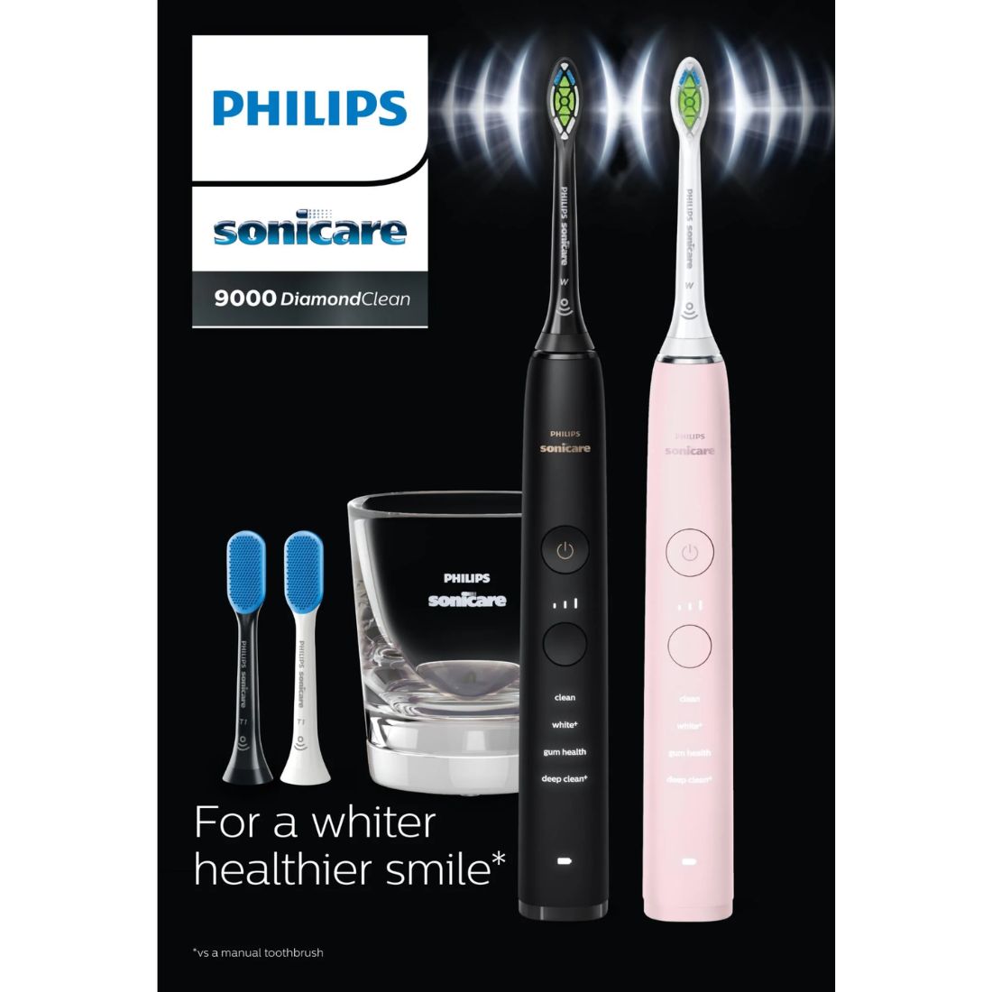 Philips Sonicare DiamondClean 9000 Electric Toothbrush Bundle Pack - Black/Pink