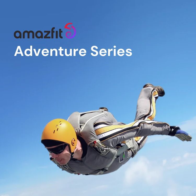 a sky diver with a yellow helmet and amazfit watches