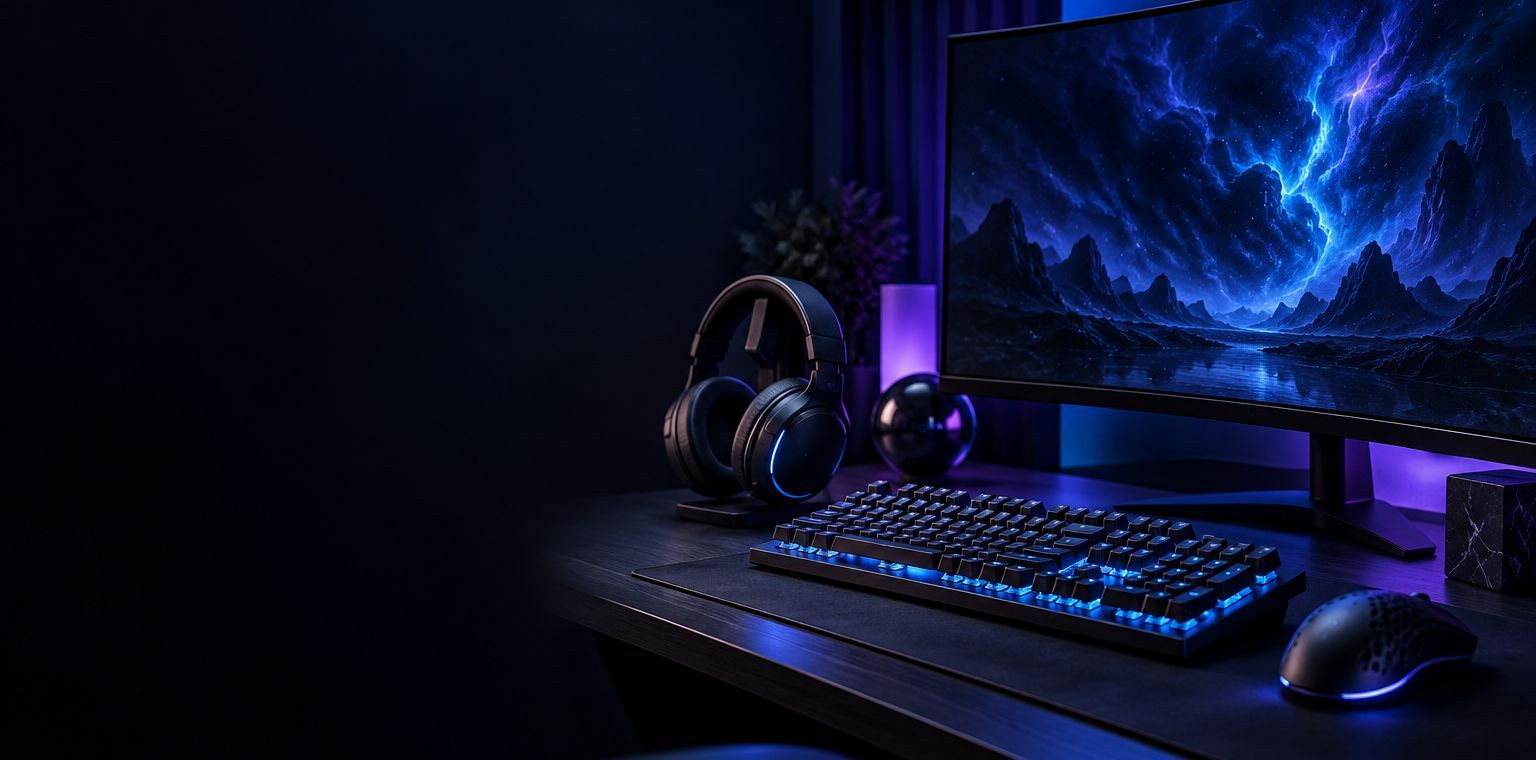 Gaming setup with RGB keyboard, mouse and headset