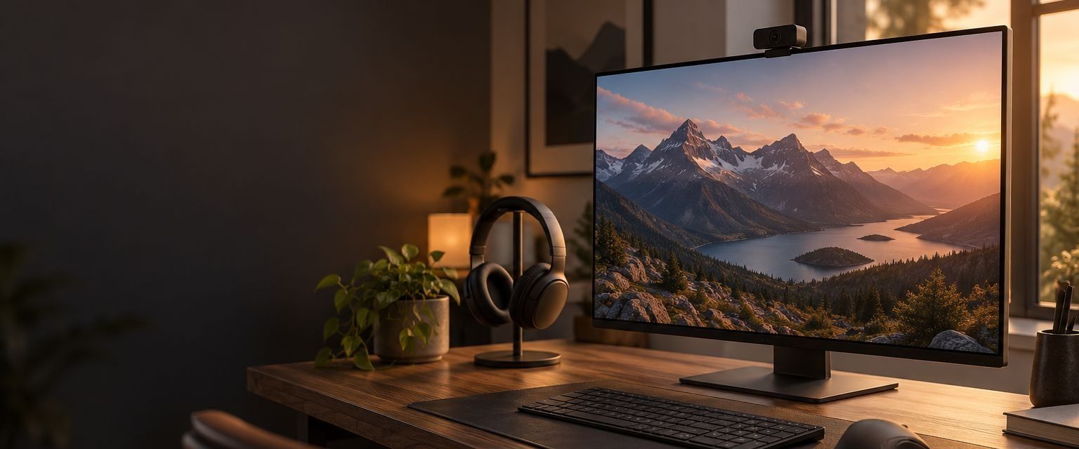 Desk setup with a Logitech keyboard, mouse, webcam and headset