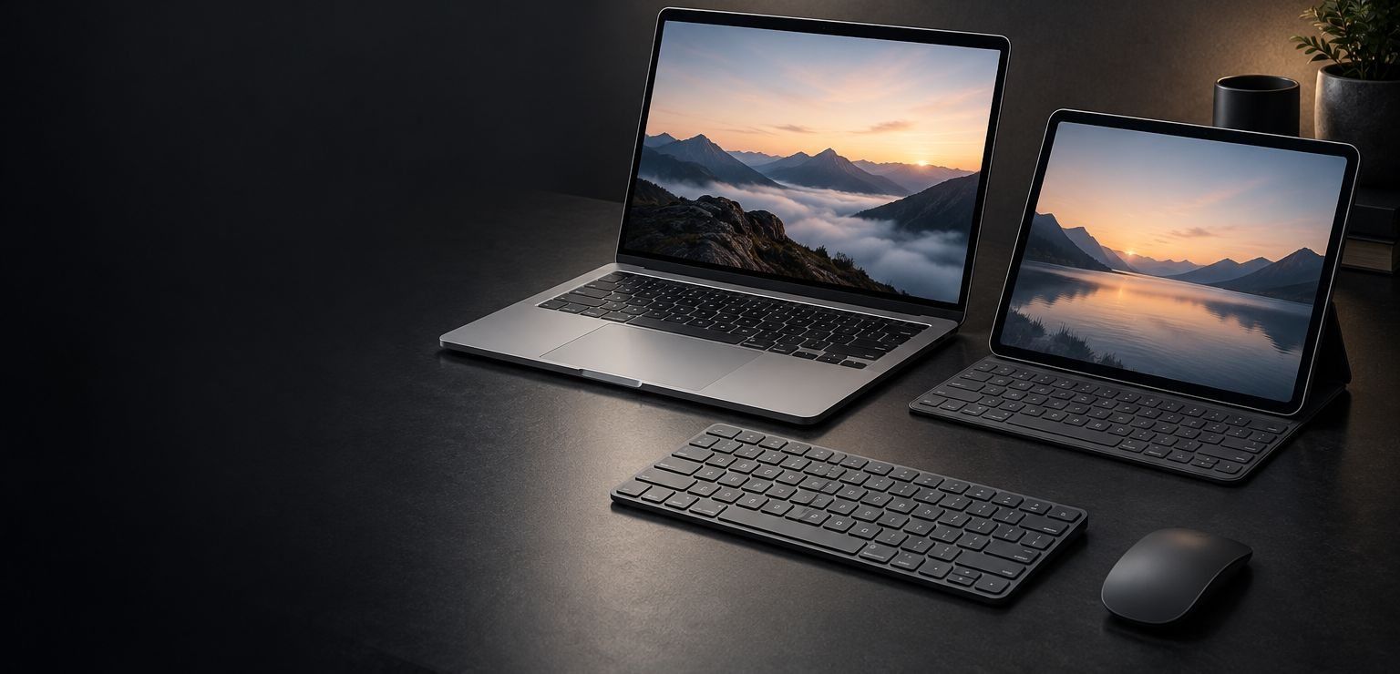 Laptop, tablet keyboard case and wireless keyboard on a dark desk