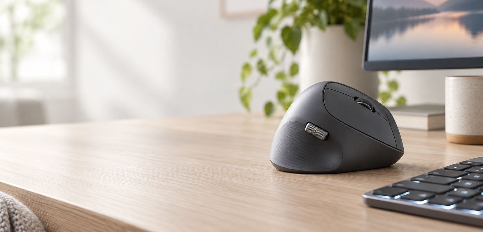 Ergonomic wireless mouse and keyboard on a light timber desk