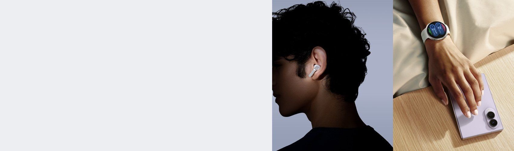 Samsung Galaxy Buds4 Pro being worn, and a Galaxy Watch9 with a Galaxy Z Fold8
