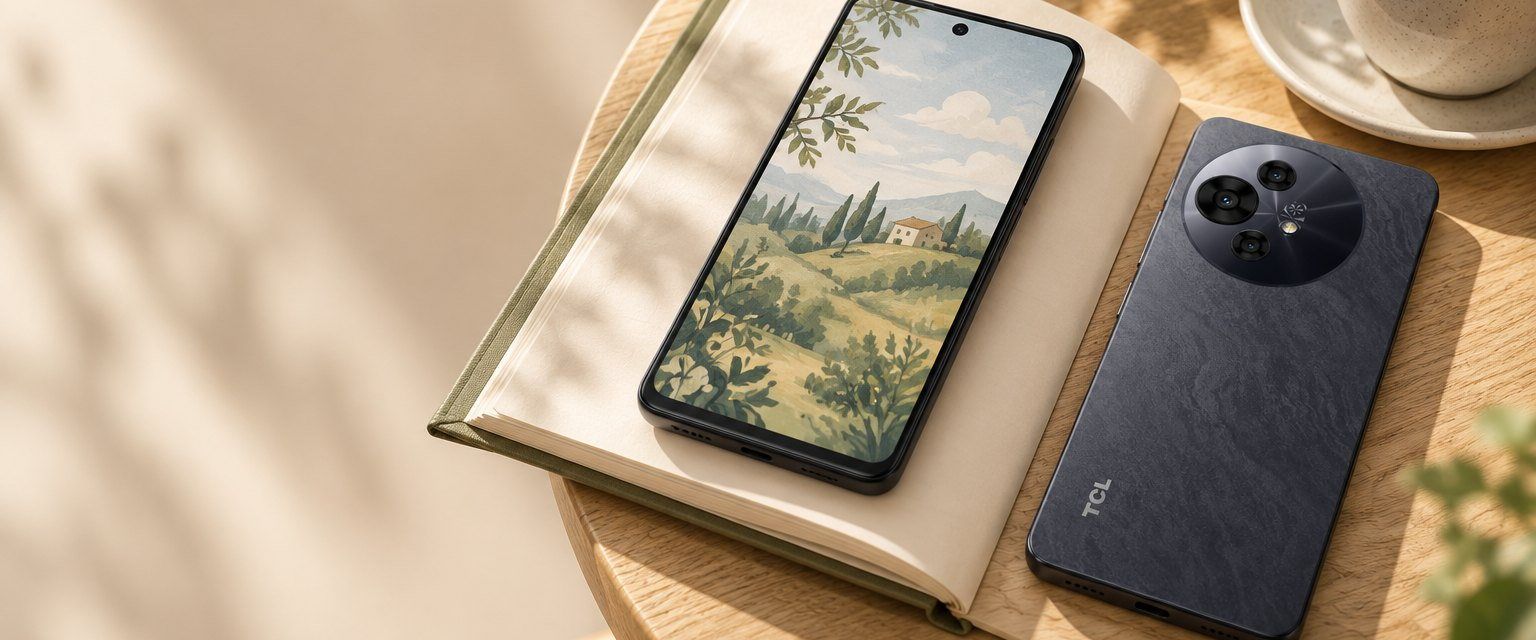 TCL 50 Pro NXTPAPER 5G on an open notebook beside a coffee