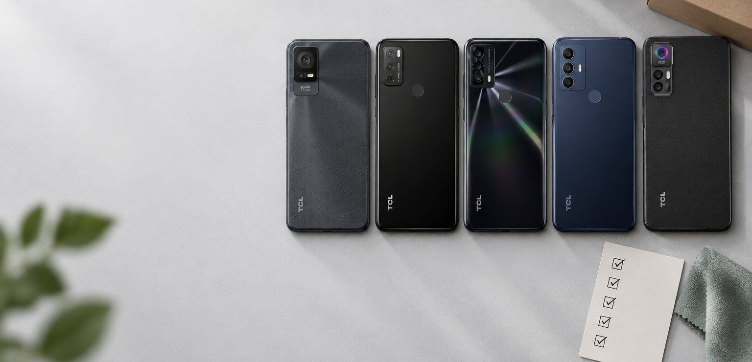 Refurbished TCL phones lined up next to an inspection checklist